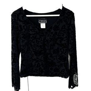 NOS Vintage Velvet Burnout Top Size 12 Black V-Neck Sheer Sleeve Fairy Goth New